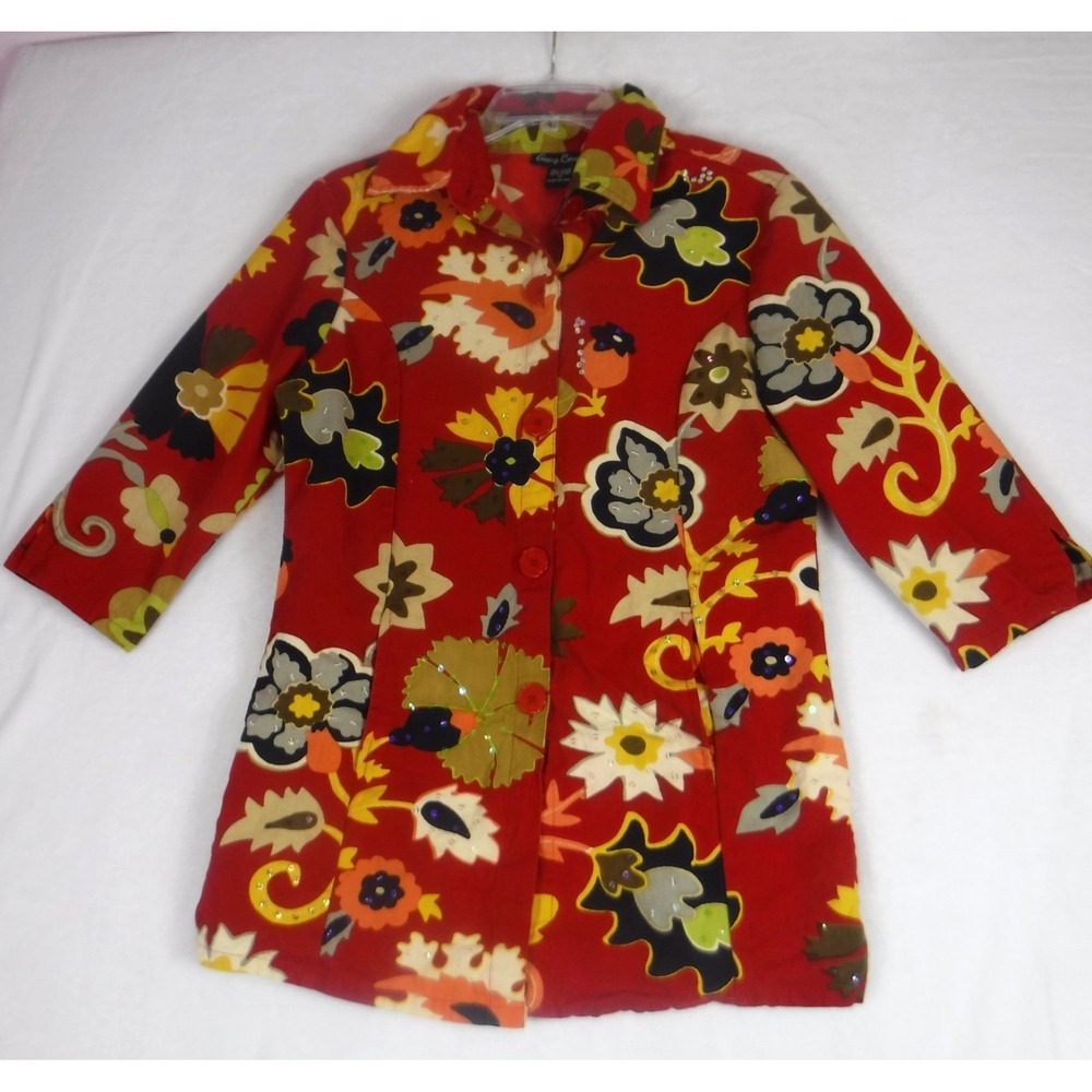Vintage Women's Size 1X Candy Couture Button Jacket 3/4 Sleeve‎ Red Floral Artsy